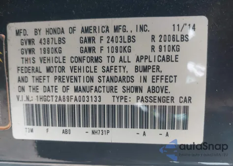 2015 Honda Accord Ex-L V-6 из США, поврежденный, VIN 1HGCT2A89FA003133